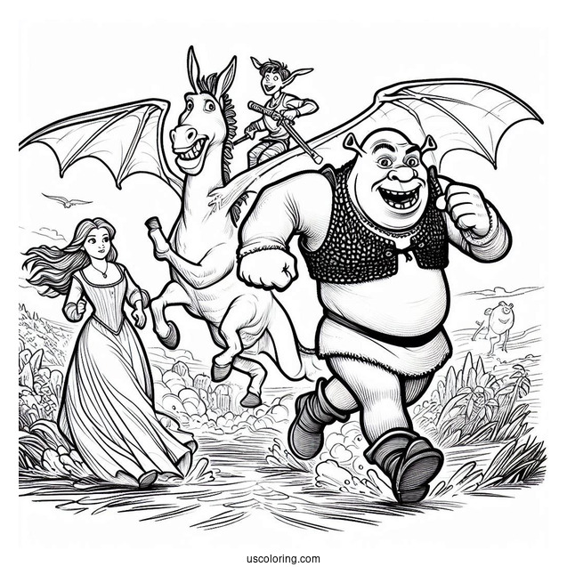Shrek, Fiona And Donkey Running From Dragon