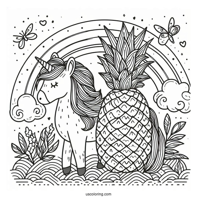 Adorable Pineapple Coloring Page Unicorn With Rainbow For Kids