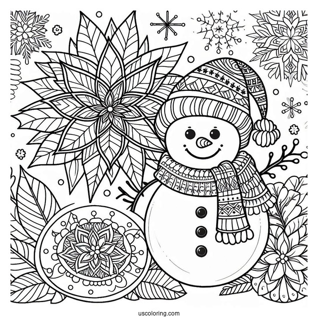 Christmas Coloring Pages For Adults Of Smiling Snowman In Front Of Christmas Poinsettia Mandala