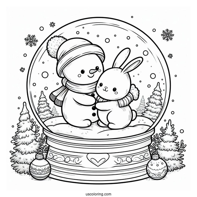 Snowman Hugging Rabbits Snow Globe Coloring Page