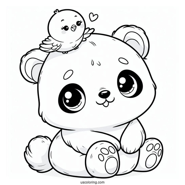Tiny Bird Sitting On Baby Panda Coloring Page Head