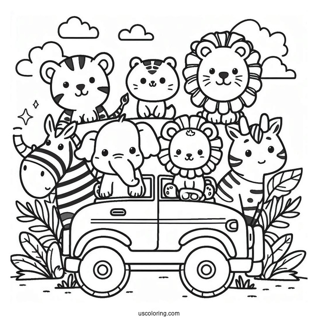 Jungle Coloring Page Of Kawaii Elephant, Lion, Zebra, Hippo, And Giraffe In Jeep For Preschoolers