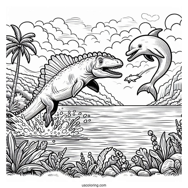 Spinosaurus Coloring Page Catching A River Dolphin