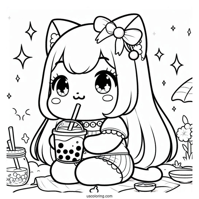 Adorable Pochacco Coloring Page Drinking Boba Tea For Kids