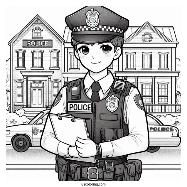 Police Officer In Front Of Police Station To Color