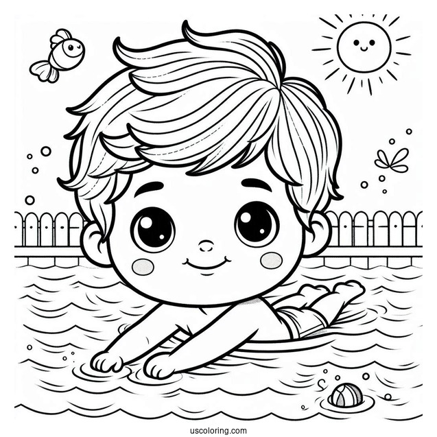 Little Boy Swimming Coloring Page In A Pool For Kids