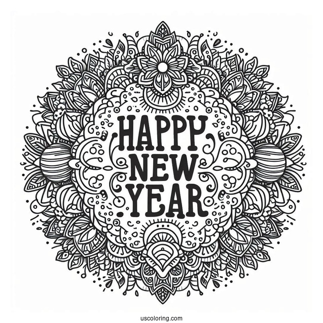 Happy New Year Coloring Page Of Words Below A Festive Mandala