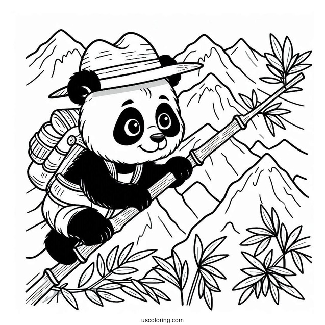 Explorer Panda Coloring Page Climbing Bamboo in the Mountains