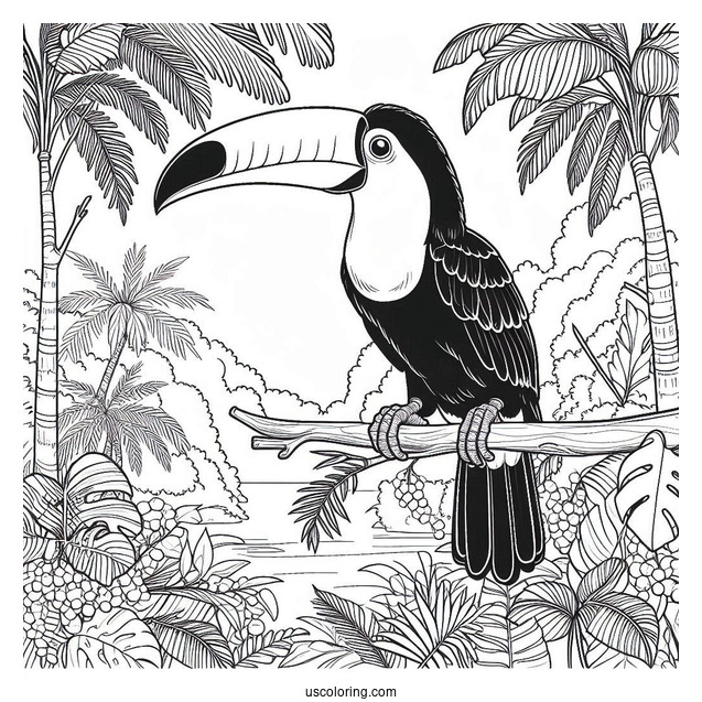 Realistic Toucan In The Jungle Coloring Page