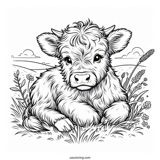 Baby Highland Cow Resting In Field Coloring In