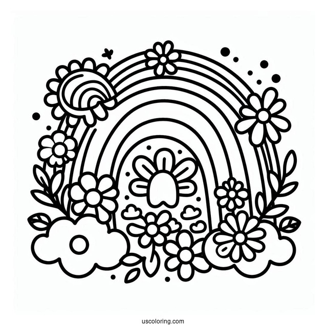 Easy Rainbow With Flowers Coloring Page For Preschoolers