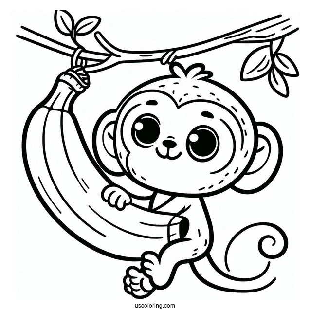 Little Monkey Hanging On A Vine Beside A Cool Banana Coloring Page