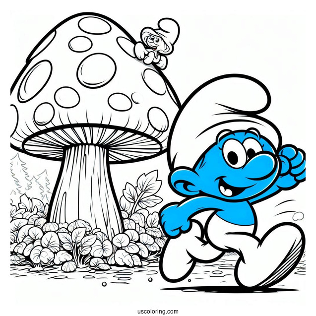 Smurf Running To Mushroom House Coloring Sheet