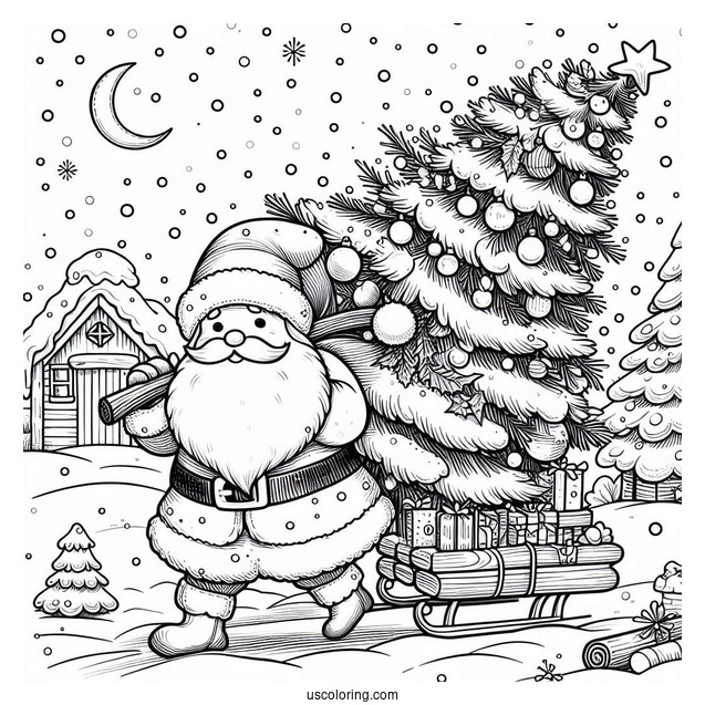 Santa Claus Hauling a Christmas Tree In The Snow