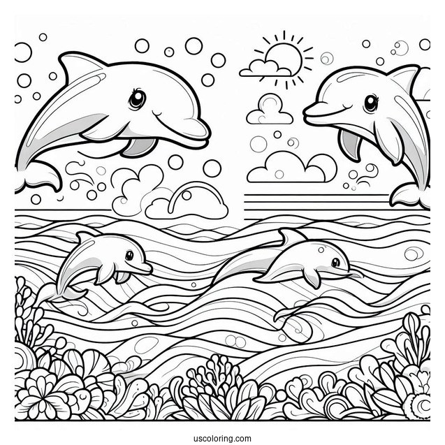 Cartoon Dolphin Swimming In Ocean To Color