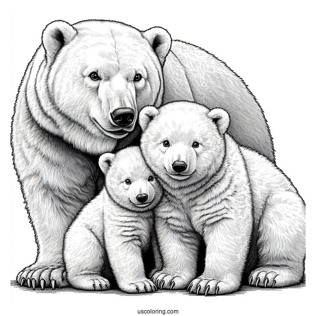 Realistic Coloring Page Of Polar Bear With Cubs