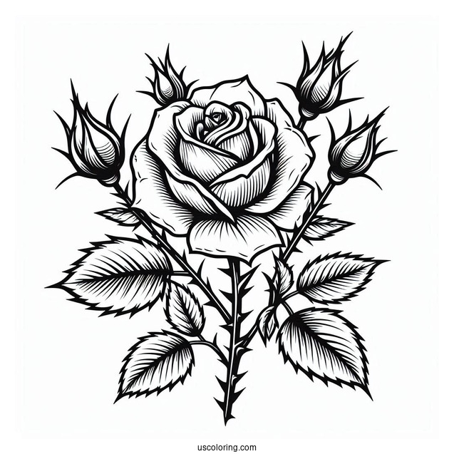 Flower Coloring Pages Of Blooming Rose With Thorns