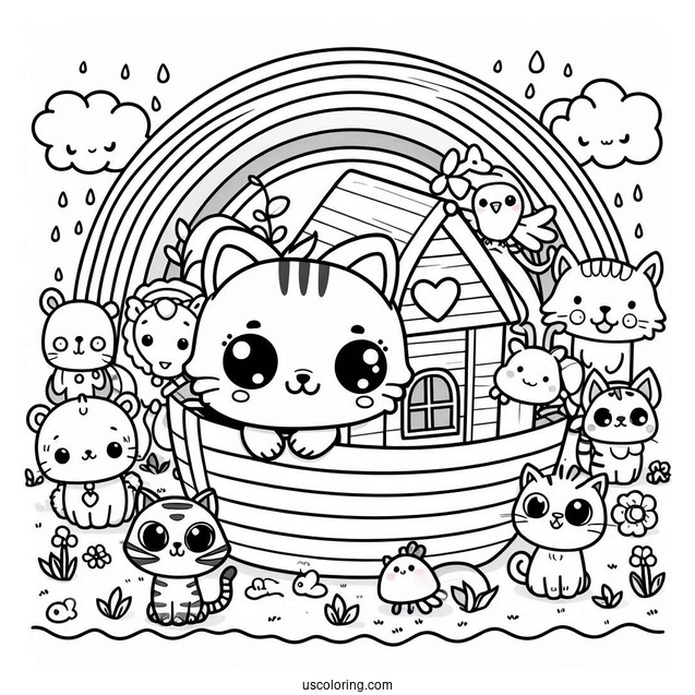 Kawaii Animals On Noah's Ark Coloring Page With Rainbow