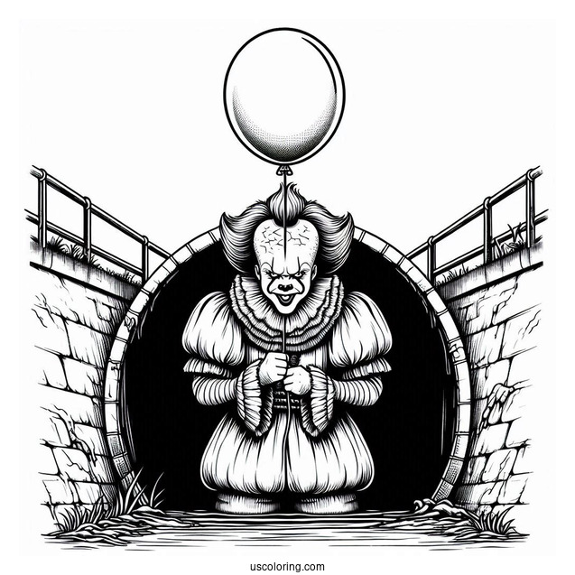 Terrifying Pennywise Coloring Page Holding A Balloon In Front Of A Sewer