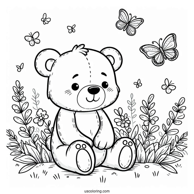 Cute Bear Coloring Page Sitting In Grass With Butterflies