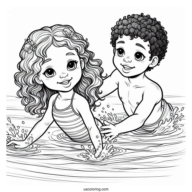 Realistic Little Boy And Girl Swimming Coloring Page
