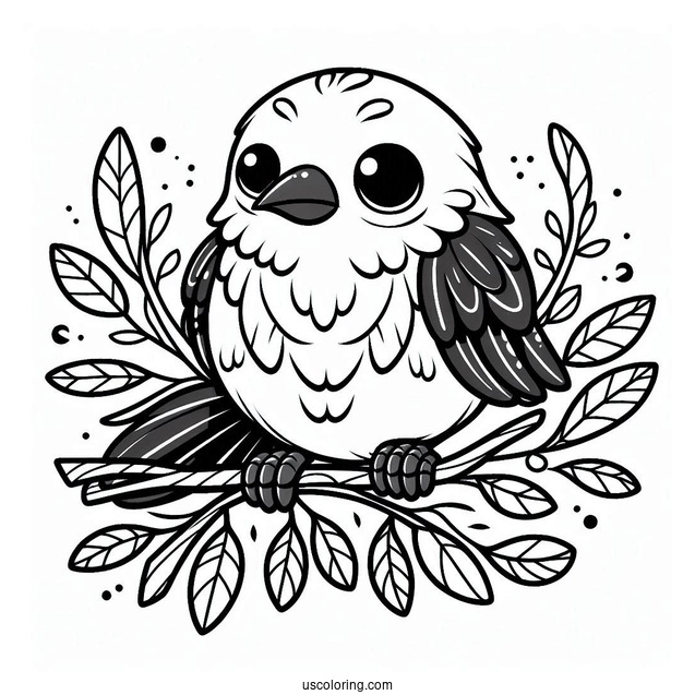 Baby Raven Coloring Page With Leaves For Kids