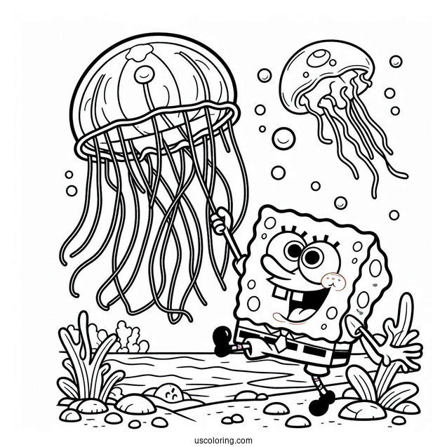 SpongeBob Catching Jellyfish With Net To Color