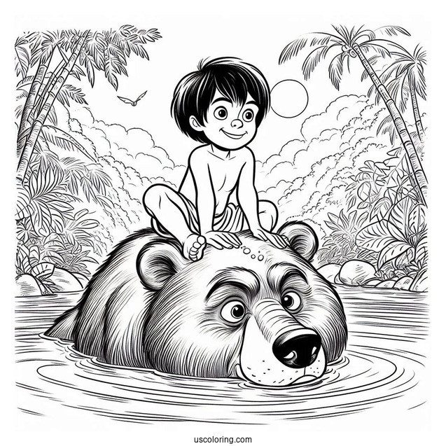 Jungle Book Coloring Page Of Mowgli Sitting On Top of Baloo While Floating In Water