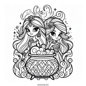 Shimmer And Shine Coloring Page With Smoking Cauldron At The Back With Zeta And Nazboo