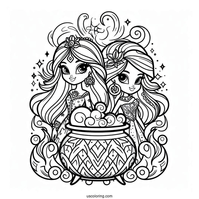 Shimmer And Shine Coloring Page With Smoking Cauldron At The Back With Zeta And Nazboo