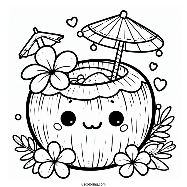 Cute Smiling Coconut Coloring Page Drink With Flower And Mini Umbrella For Kids