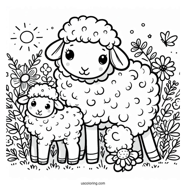 Sheep And Baby Lamb Coloring For Kids