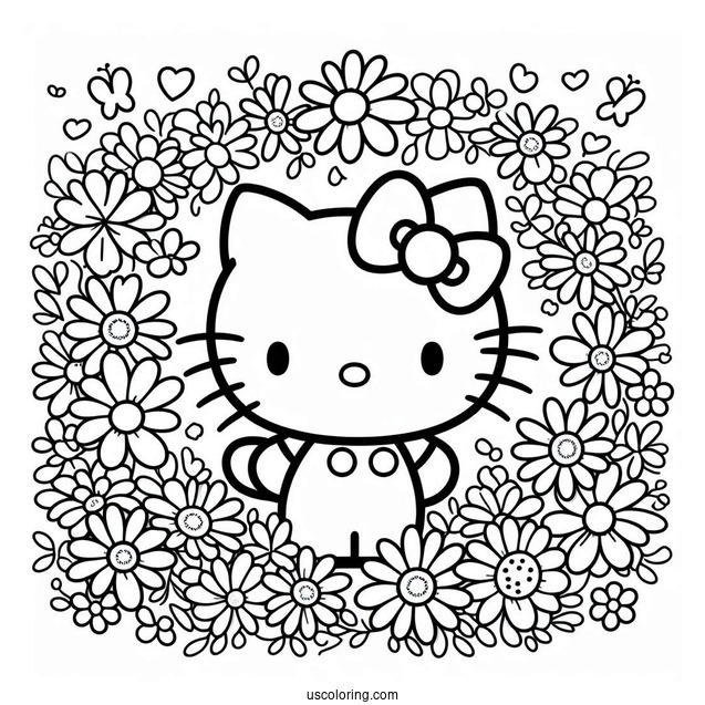 Simple Hello Kitty Surrounded By Daisies Coloring Page For Kids