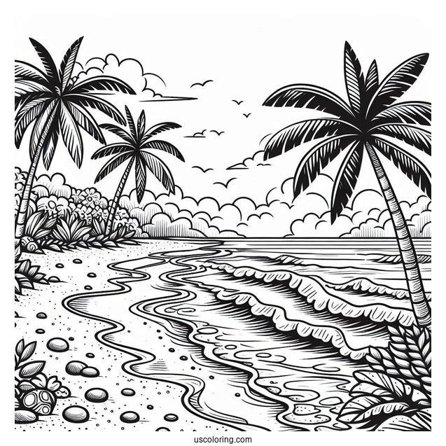 Easy Beach Coloring Page Shore With Trees