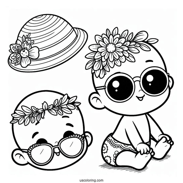 Easy Baby Coloring Page Wearing Sunglasses For Kids
