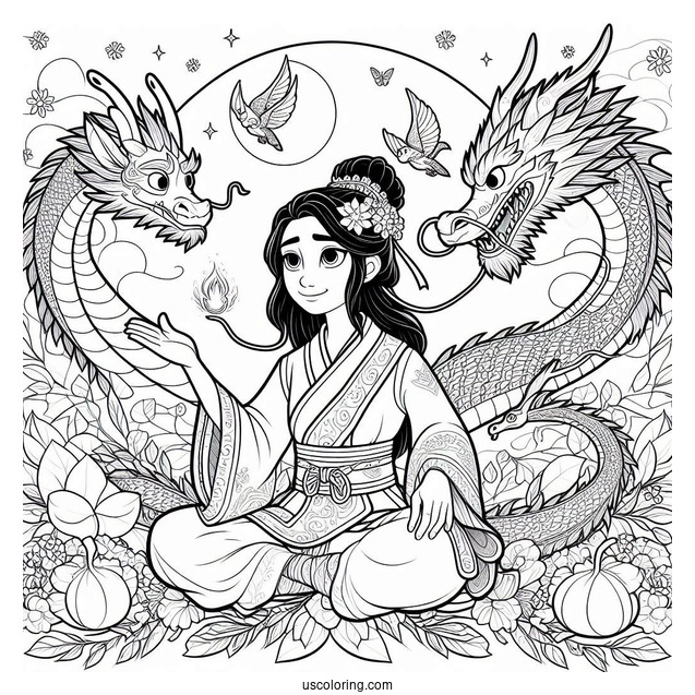 Raya And The Last Dragon Coloring Page Of Sisu, Raya, Boun, Tong, Noi, And The Ongis