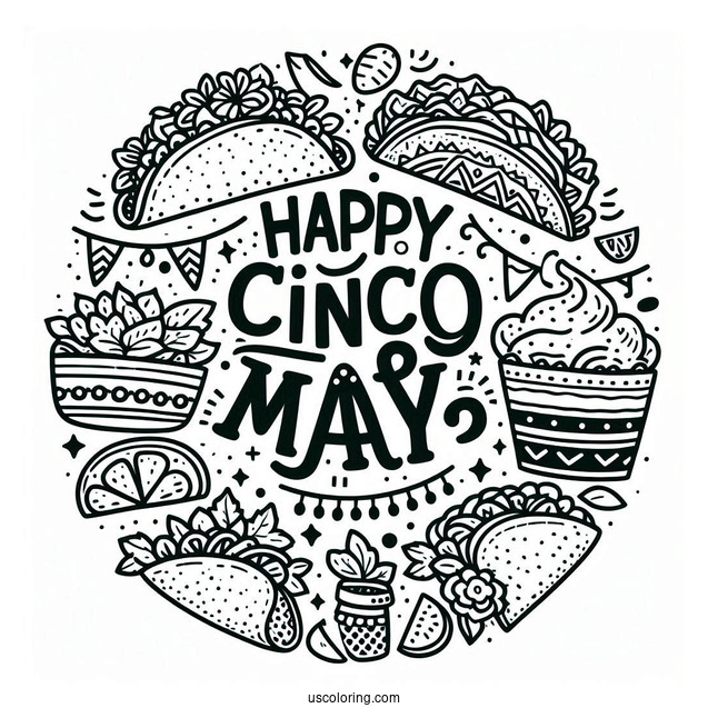 Happy Cinco De Mayo Words Around A Taco Coloring Page