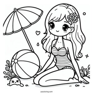 Simple Girl In Swimsuit With A Beach Ball Summer Coloring Page For Kids