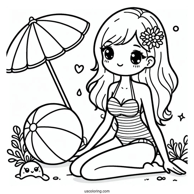 Simple Girl In Swimsuit With A Beach Ball Summer Coloring Page For Kids
