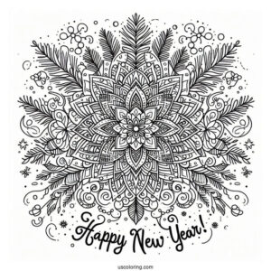 Happy New Year Coloring Page Of Words Below A Festive Mandala