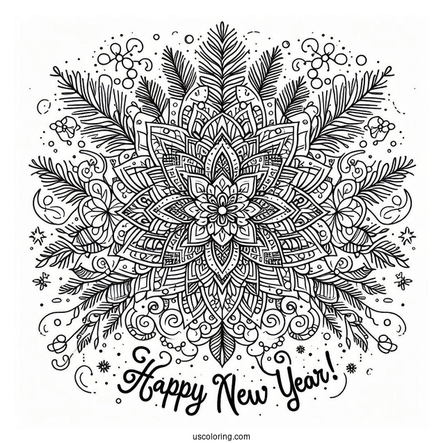 Happy New Year Coloring Page Of Words Below A Festive Mandala