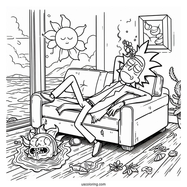Rick and Morty Coloring Page Of Summer On A Couch Sinking Into The Floor