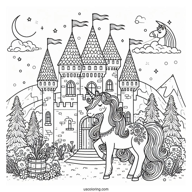Beautiful Unicorn Standing Outside Of A Castle Coloring Page