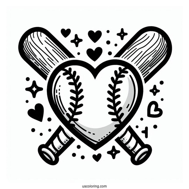 Baseball Coloring Page Of Heart and Bats For Preschoolers