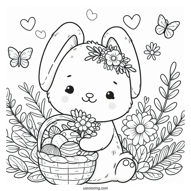 Adorable Easter Coloring Page Of Bunny Holding A Flower For Kids