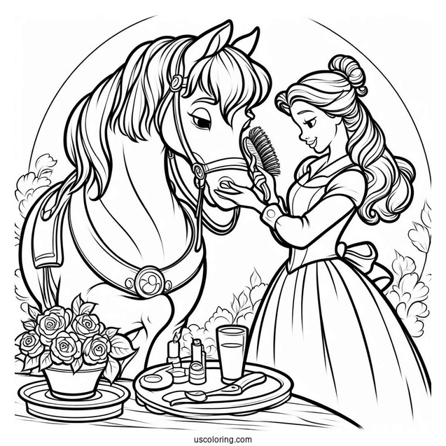 Belle Brushing Her Horse Phillipe To Color