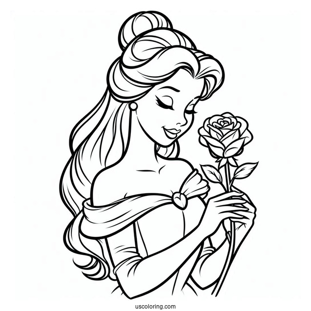 Simple Outline Of Princess Belle Holding a Rose