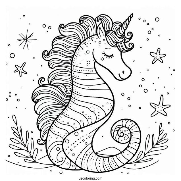 Coloring Page Of a Unicorn Seahorse