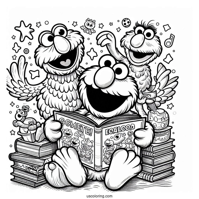 Elmo, Oscar and Big Bird Reading Books To Color