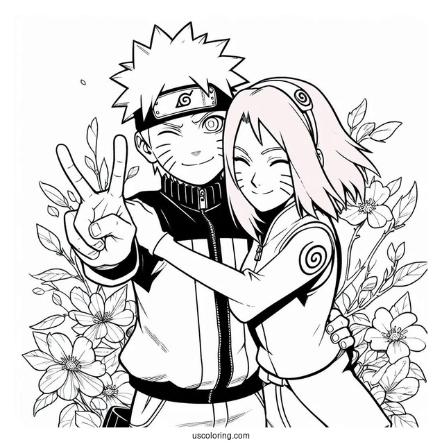 Naruto Coloring Page Of Hugging Sakura And Making Peace Sign